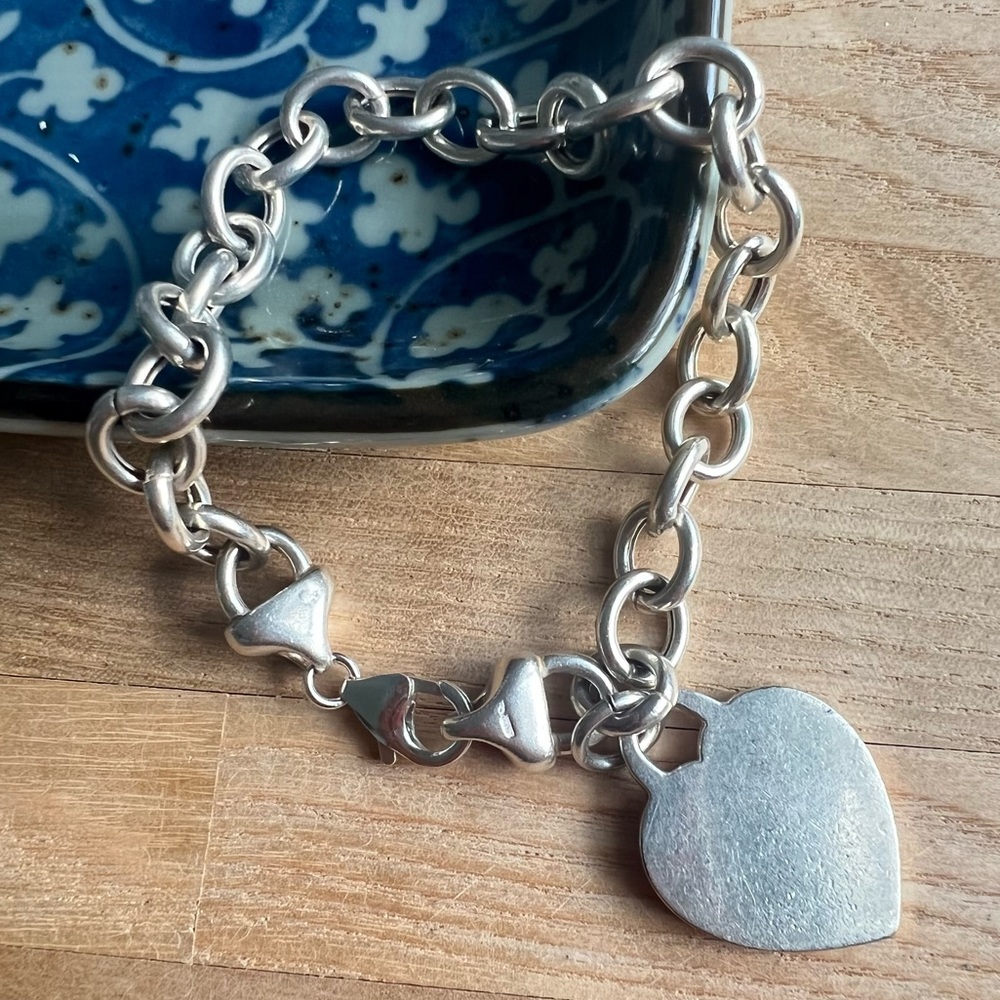 Classic 925 Sterling Silver Heart Tag Charm Rolo Chain Link Bracelet
